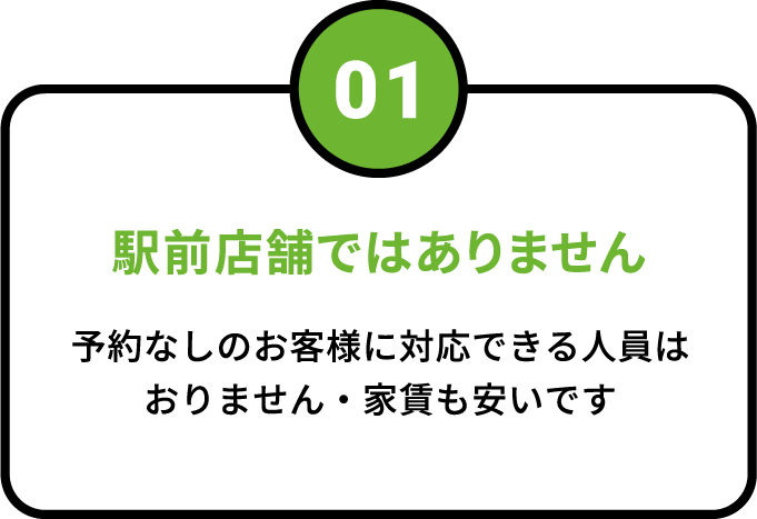 01 駅前店舗ではありません 予約なしのお客様に対応できる人員は おりません・家賃も安いです